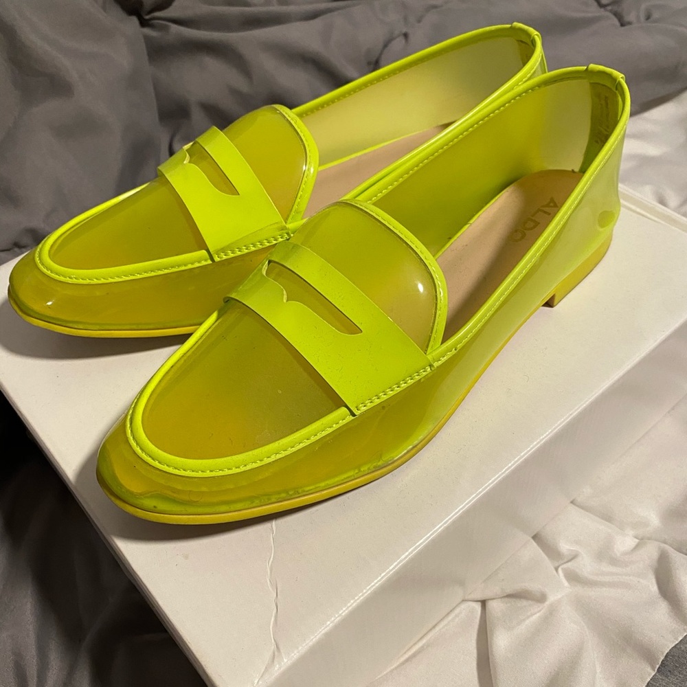 Lime green rubber loafers